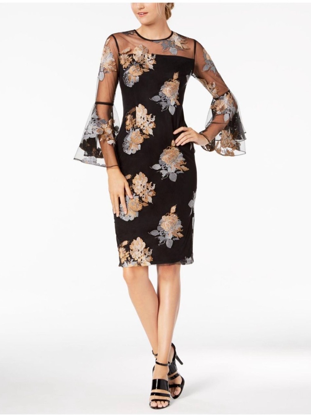 Calvin Klein Floral Illusion Mesh Bell-Sleeve Dress